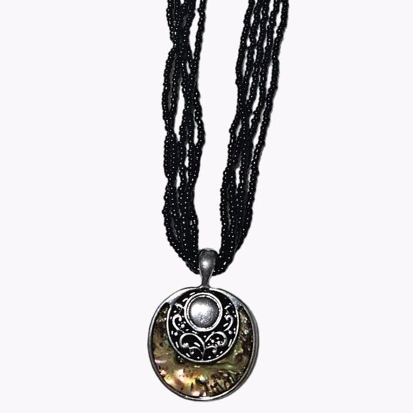 Boho Abalone Pendant Black Seed Beaded Multi Strand Statement Necklace Jewelry - Picture 1 of 8